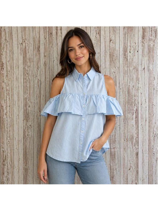 Tops - Women's Light Blue Cold Shoulder Ruffle Button Down Shirt S